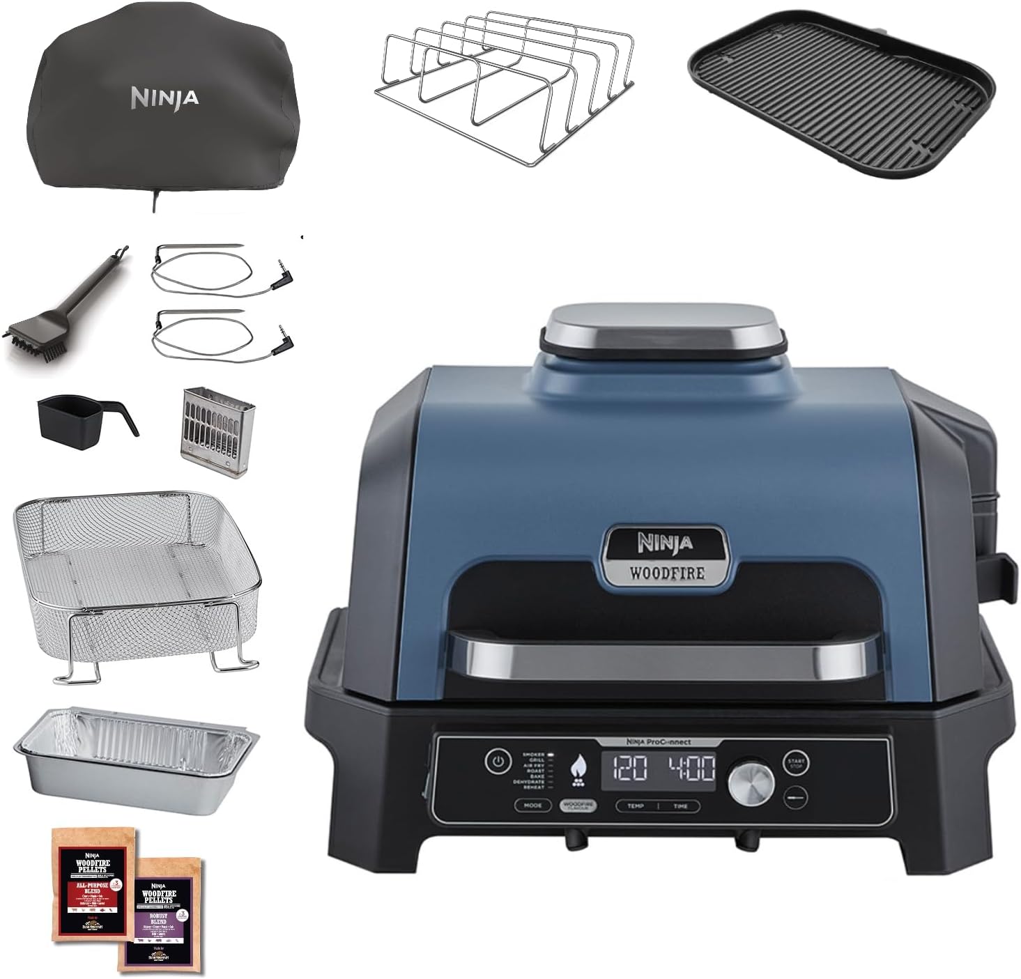 Appareil 2 en 1 barbecue-fumoir, Grill & Friteuse sans huile 7-en-1 – NINJA, Bleu & Noir OG901EUAMZ, 2 Sondes, Grille, Housse