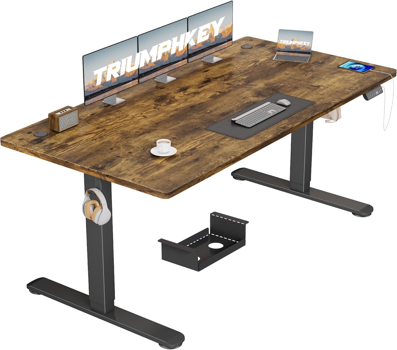 Bureaux, 160 x 80 cm, avec Port de Charge USB, Grand Bureau réglable en Hauteur – TRIUMPHKEY, Bois/Noir, 3 Commandes à mémoire