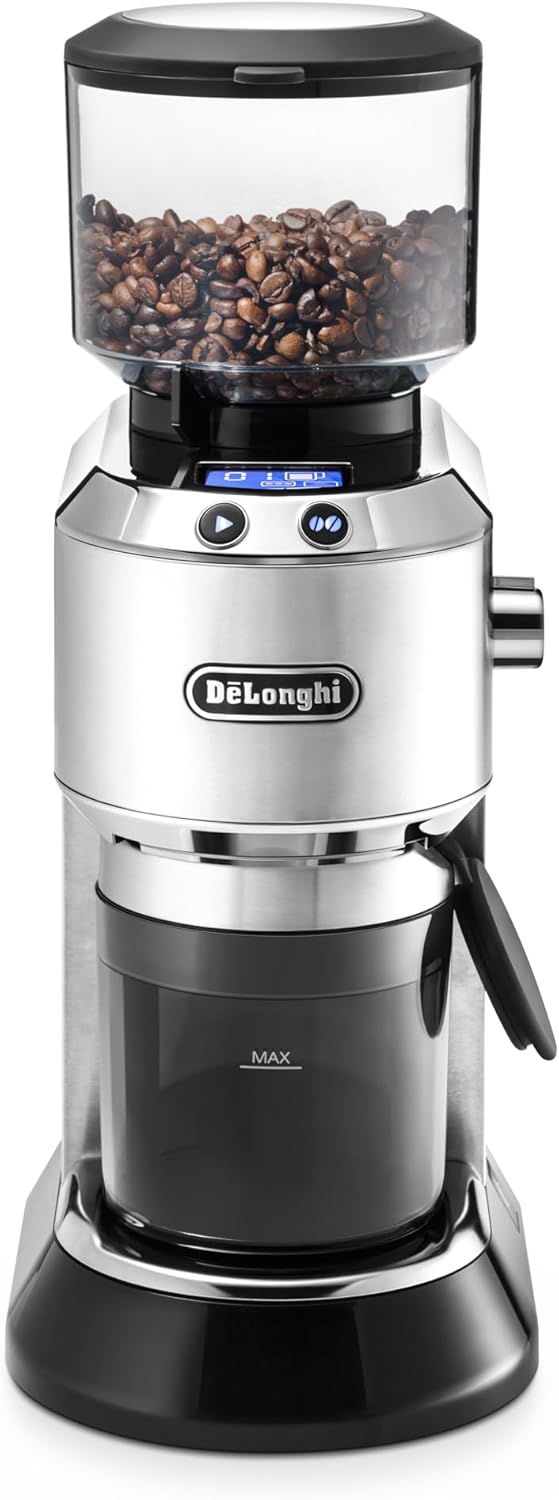 Moulin électriques à meules, écran LCD 2, 1 pouces avec fonction arôme, moulin à cône en acier inoxydable – De'Longhi, Argent/Noir