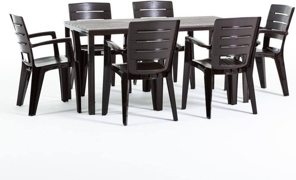 Ensemble salle à manger, 6 chaises empilables en polypropylène, table rectangulaire en acier peint avec lattes en polyéthylène