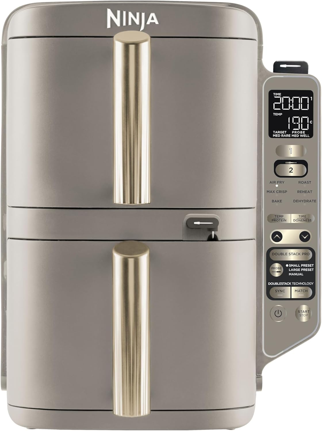 Friteuse sans huile, air fryer vertical à double tiroir avec 4 niveaux de cuisson – NINJA, Gris/Doré, capacité de 9, 5 L, 6 modes de cuisson