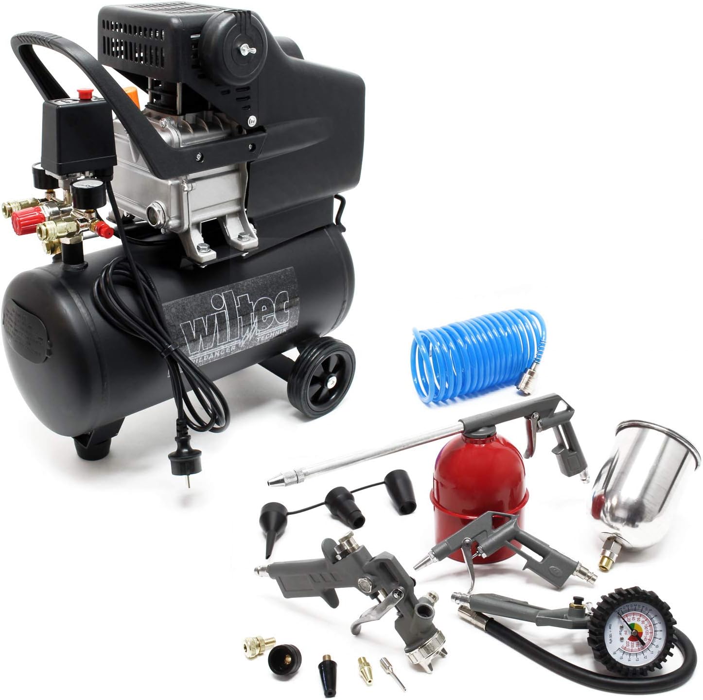 Compresseur d'air, 540 x 260 x 600 mm, Avec 13 accessoires, Outil d'atelier Mobile avec Roues et Poignée – WilTec, 1100 W 1, 5 CV