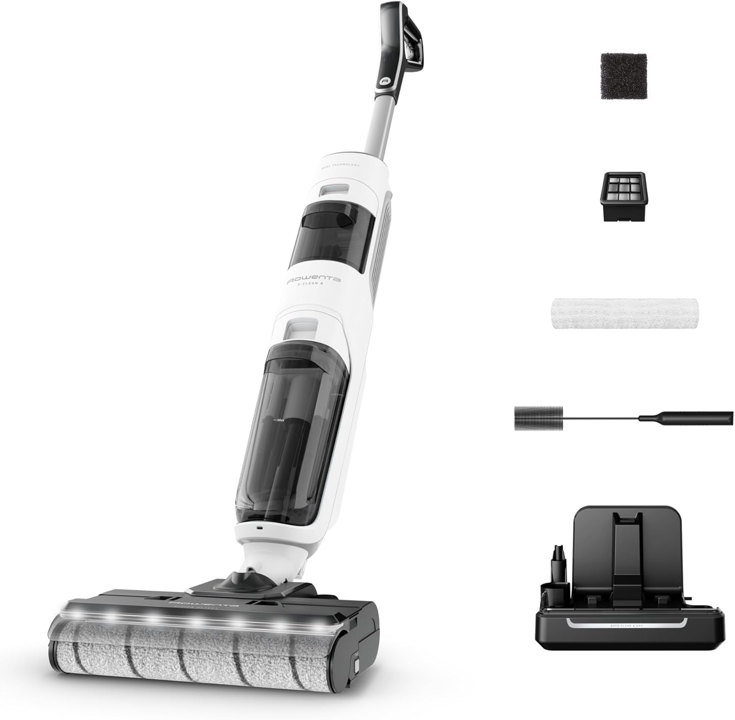Rowenta GZ5557EE Aspirateur Laveur sans Fil 2-en-1, Poids en main 1, 1 kg, Eclairage LED, Blanc/Noir, X-Clean 5, Autonomie 50 min