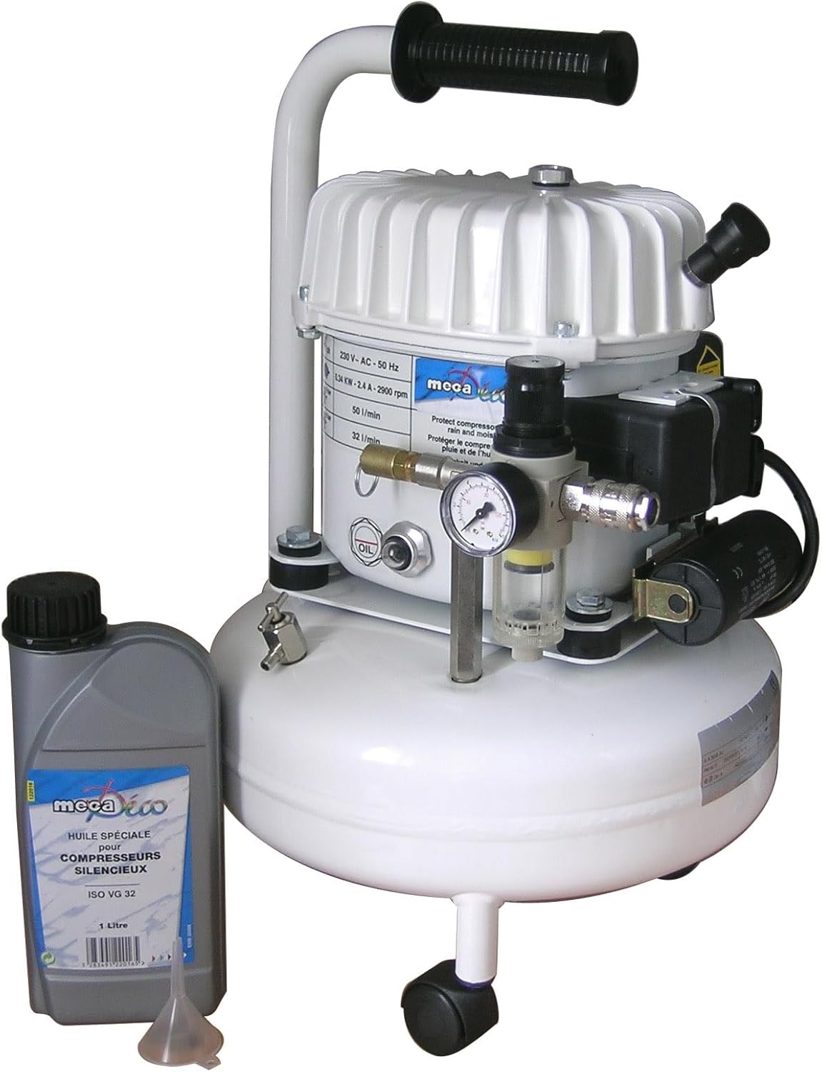 Mecafer, Compresseur d'air, Mecadeco 425516 Compresseur 9 L Silencieux, Blanc/Noir