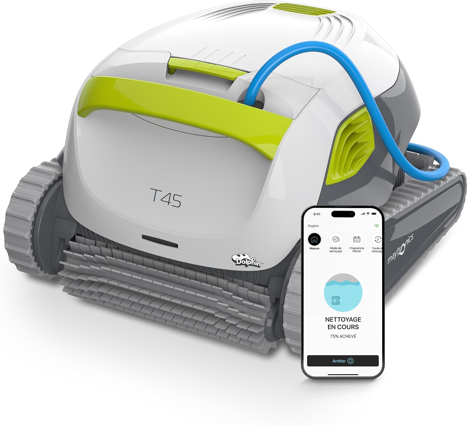 Dolphin, T45 Robot nettoyeur électrique avec fil pour Piscine hors-sol jusqu'à 12 m, Blanc/Gris/Vert, Nettoyage fond, parois et ligne d'eau
