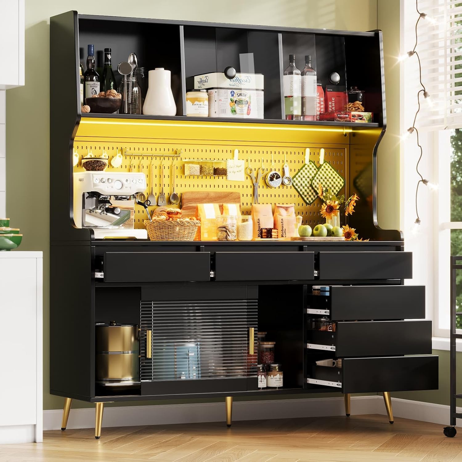 KOMHTOM, Porte Coulissante en Verre et 2 Tiroirs de Rangement, avec éclairage LED, Noir-7, Armoire de Cuisine, Noir/Jaune, Buffet