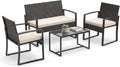 Salon de Jardin Exterieur 4 Pièces, Mobilier Extérieur en Rotin PE avec Table Basse en Verre Trempé, 1 Canapé 2 Places – SOARS, 2 Fauteuils