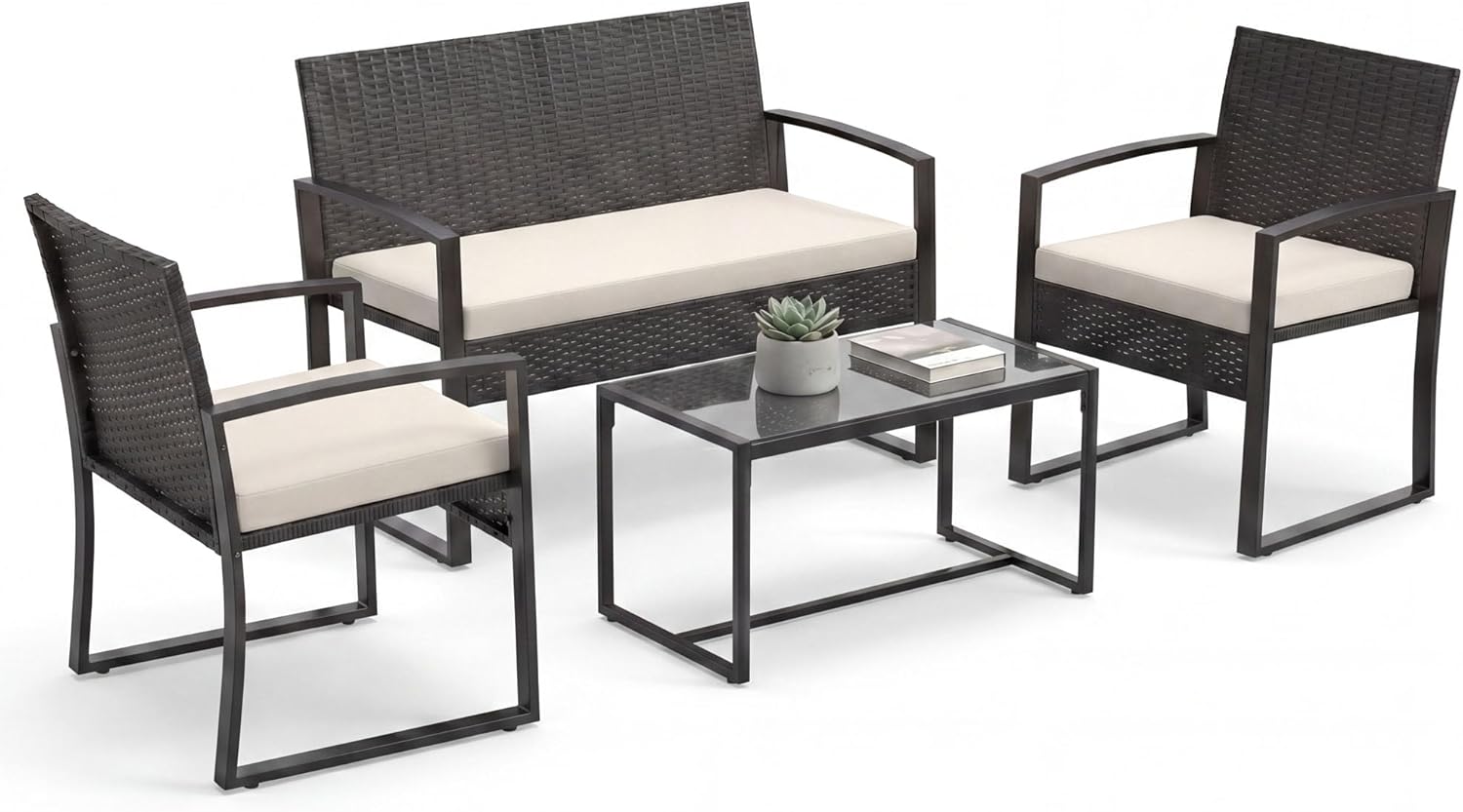 Salon de Jardin Exterieur 4 Pièces, Mobilier Extérieur en Rotin PE avec Table Basse en Verre Trempé, 1 Canapé 2 Places – SOARS, 2 Fauteuils