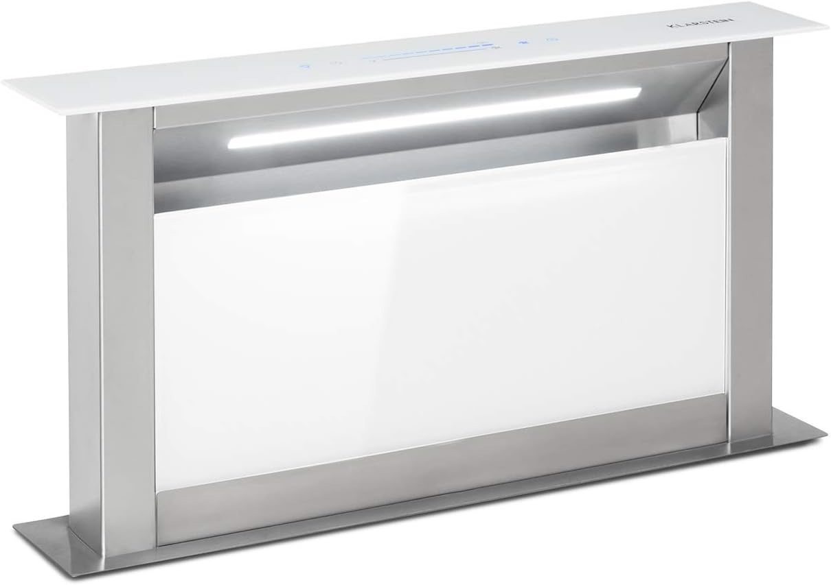 KLARSTEIN Royal Flush Eco Hotte aspirante 60 cm, 576 m3/h, éclairage LED, acier inoxydable & verre, Argent/Blanc, Touch-To-Slide