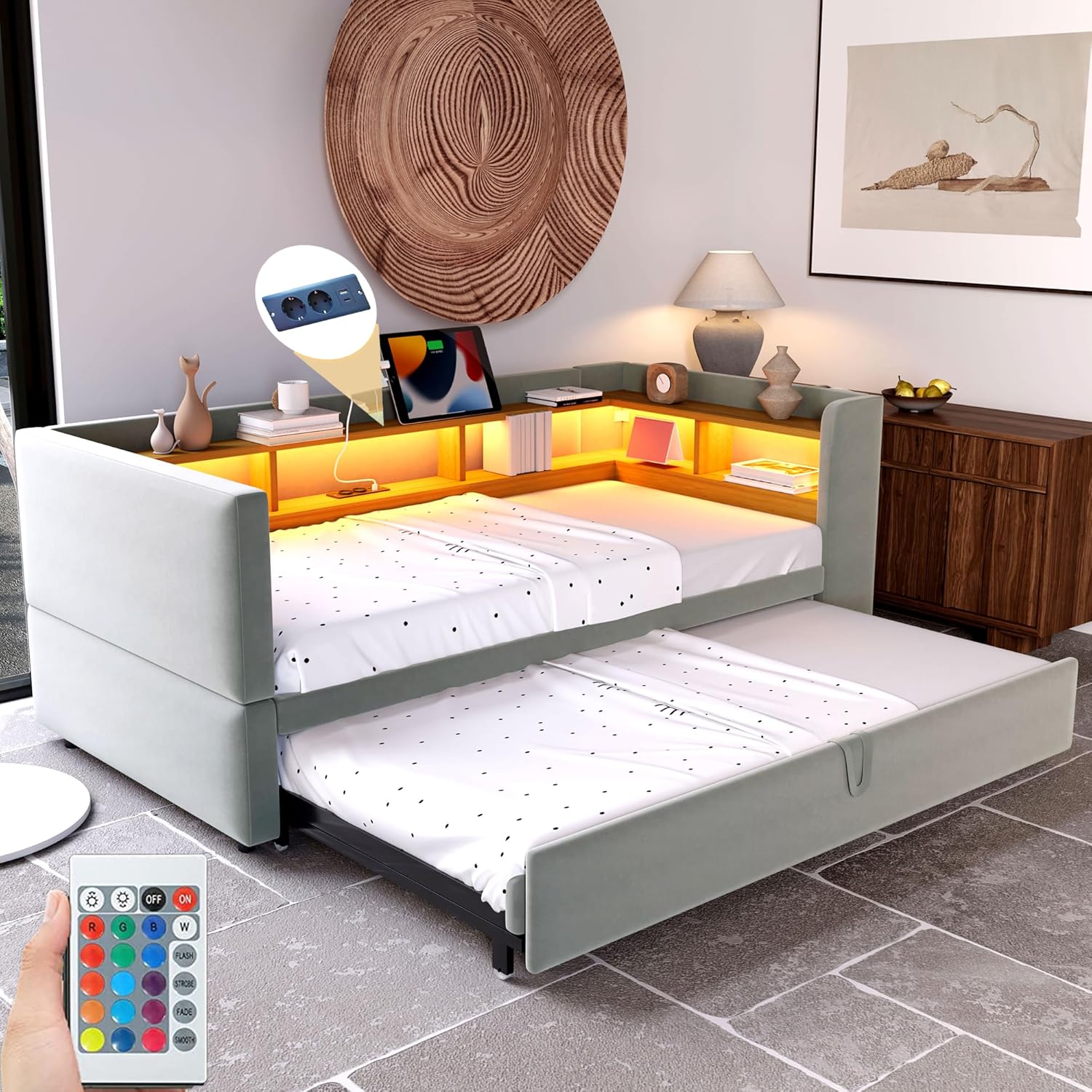 Canapé lit 90x190, lit 2 Personnes 90/180x190 avec lit gigogne et Plusieurs Compartiments de Rangement, Meuble Salon Gris Clair – Zepneiy