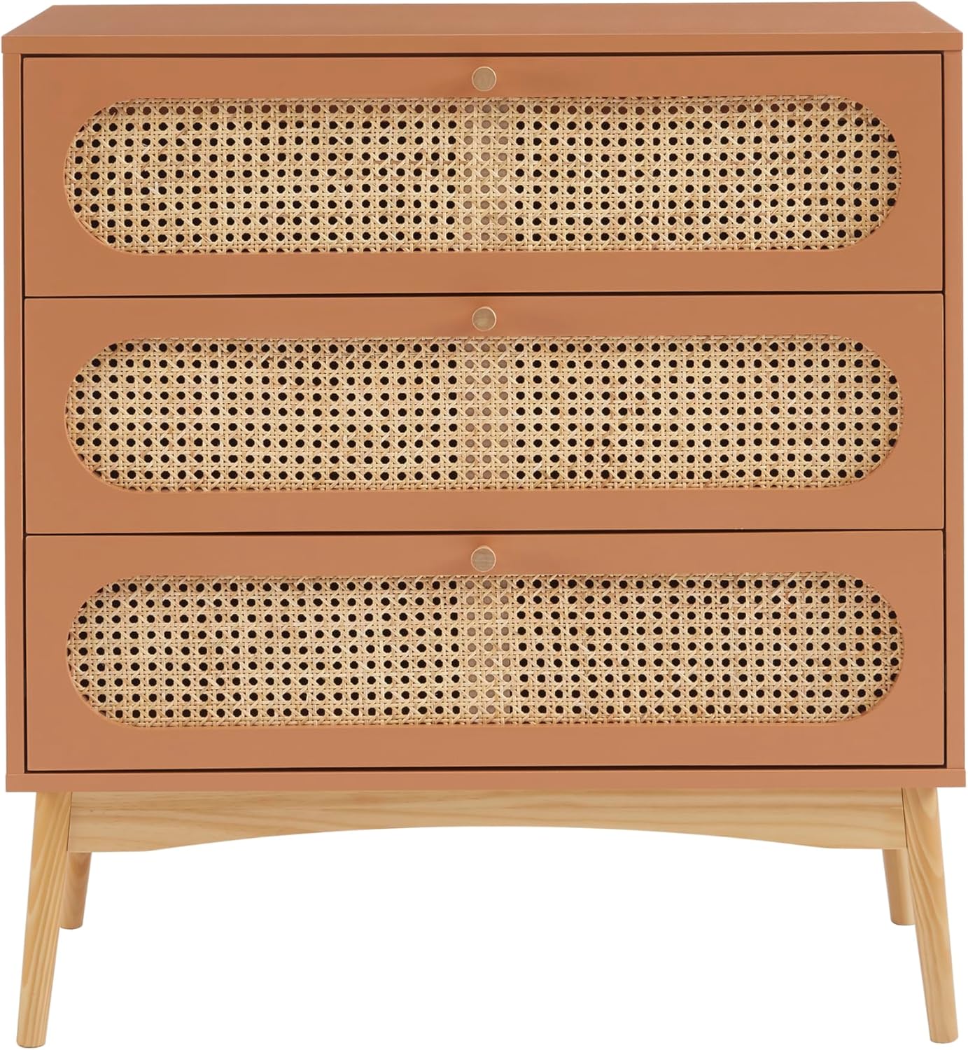 Commode SIXTINE Terracotta et cannage rotin 3 tiroirs, Terracotta/Beige – BAÏTA
