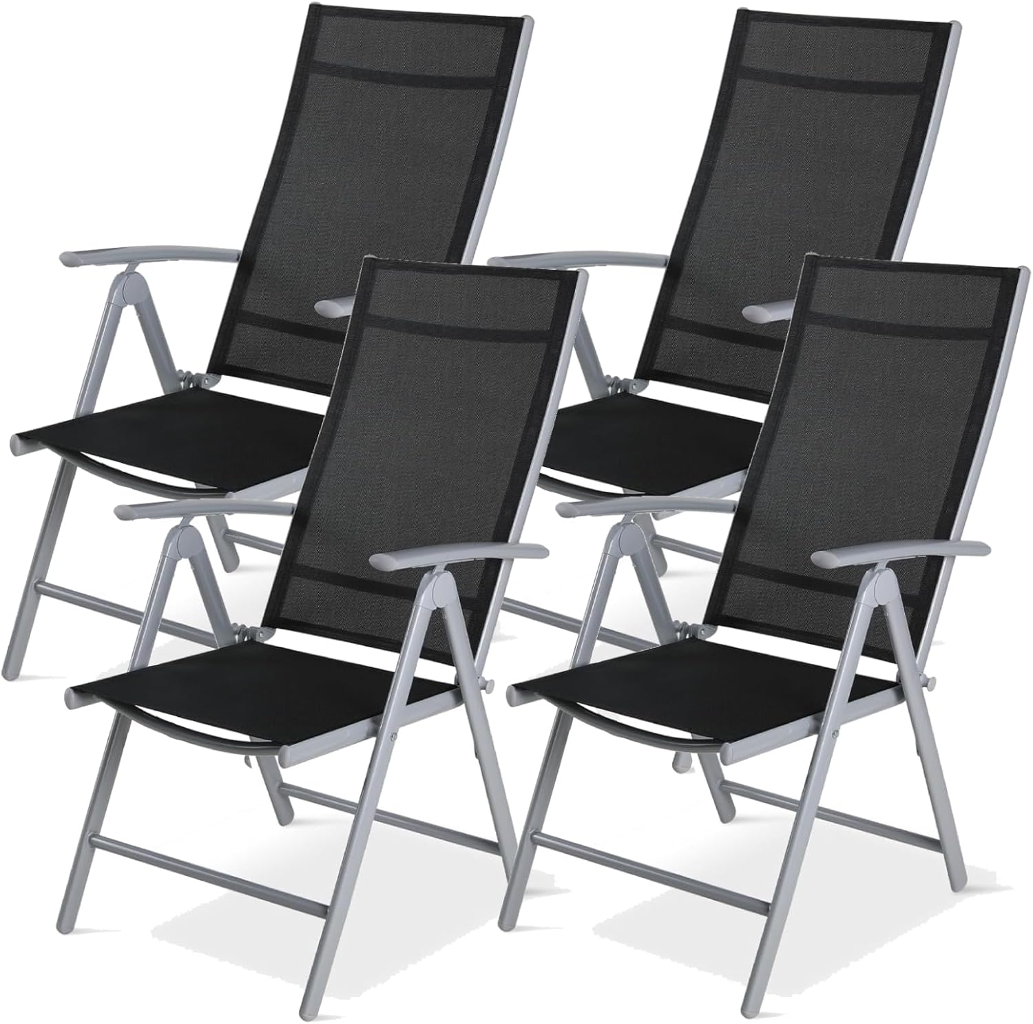 Lot de 4 Chaises de Jardin Pliantes avec accoudoirs, Dossier Haut Réglable 7 Positions, Chaise D'extérieur en Aluminium, Noir/Gris Argent – LIFERUN