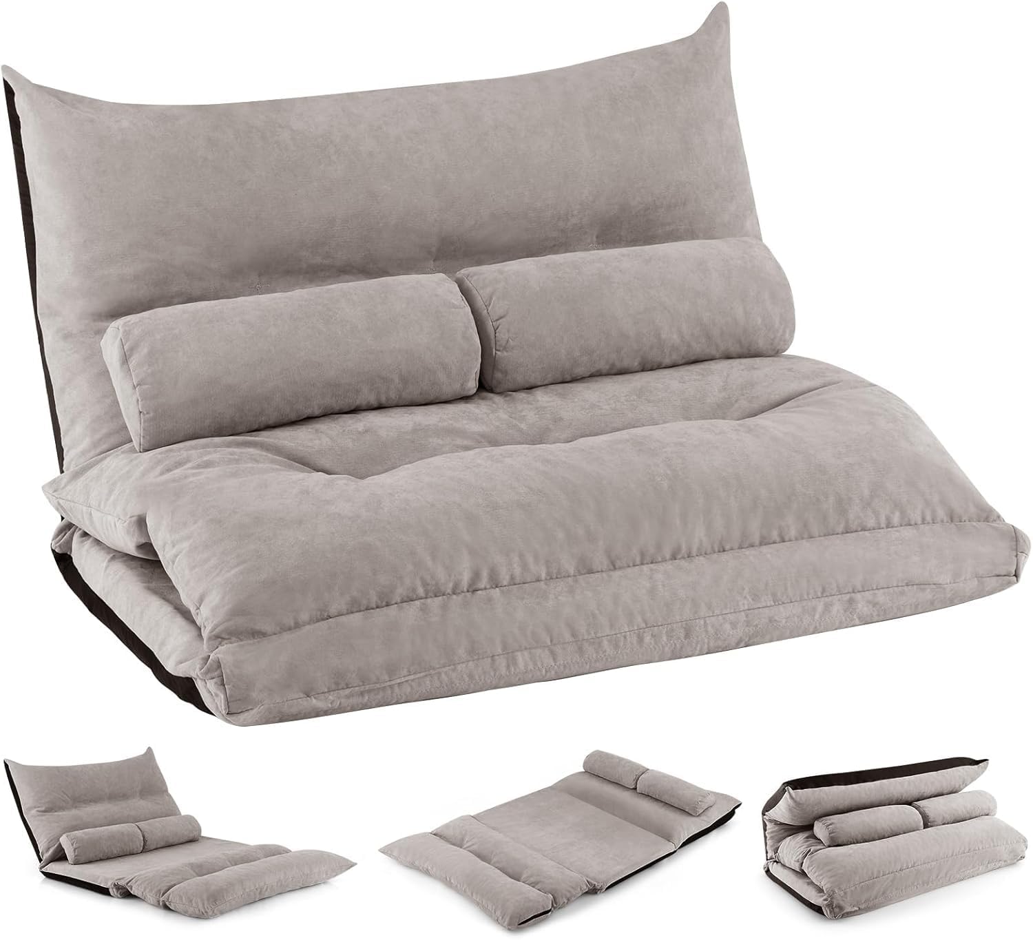 Canapé-lit Paresseux Pliable, Canapé Convertible avec Dossier Réglable à 42 Positions, Sofa pour Salon – COSTWAY, Chauffeuse avec 2 Oreillers, Gris
