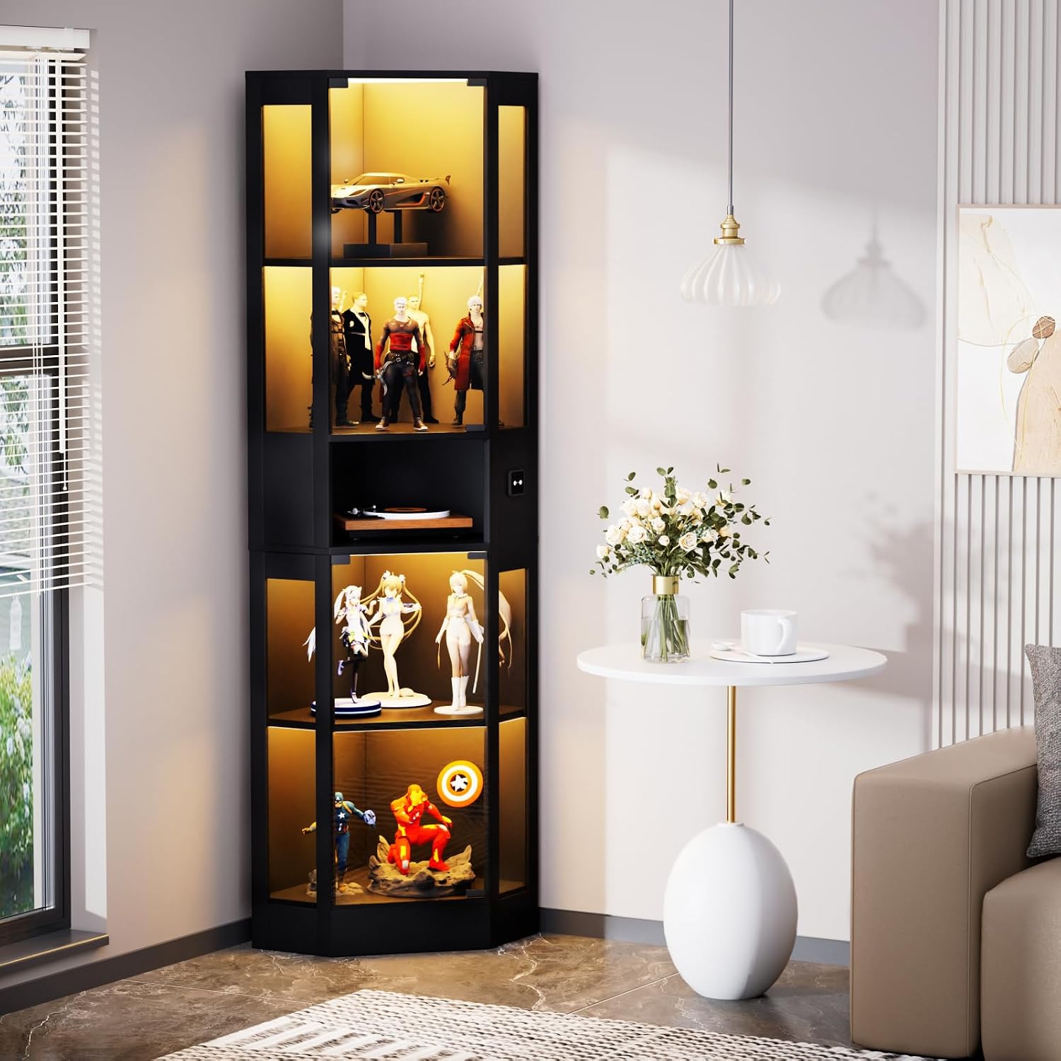 Armoire en Verre Moderne 5 Étagères, Noir-3, Vitrine en Verre avec LED, Vitrine pour Collection – KOOPMAD, 2 Portes, 57x40x165cm