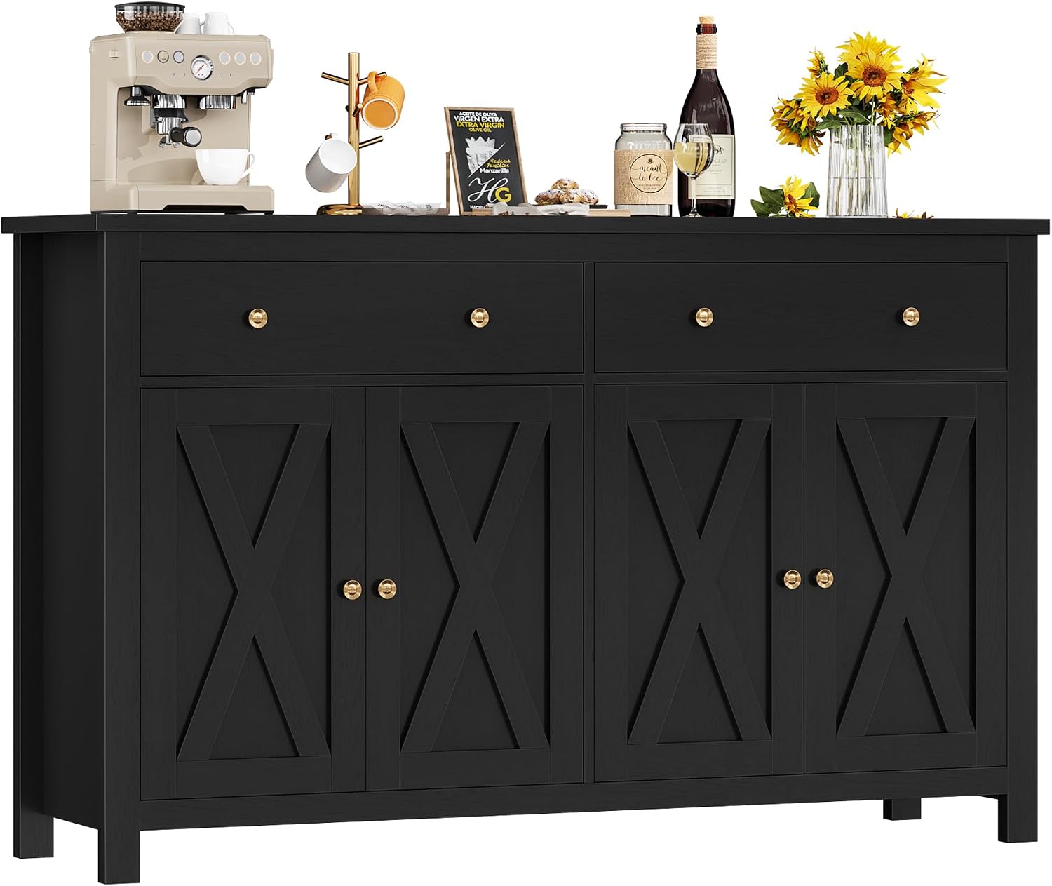 Buffet de cuisine, Buffet Cuisine Meuble de Cuisine Rangement Buffet avec 4 Portes 2 Tiroirs Étagères, Noir – FirFurd
