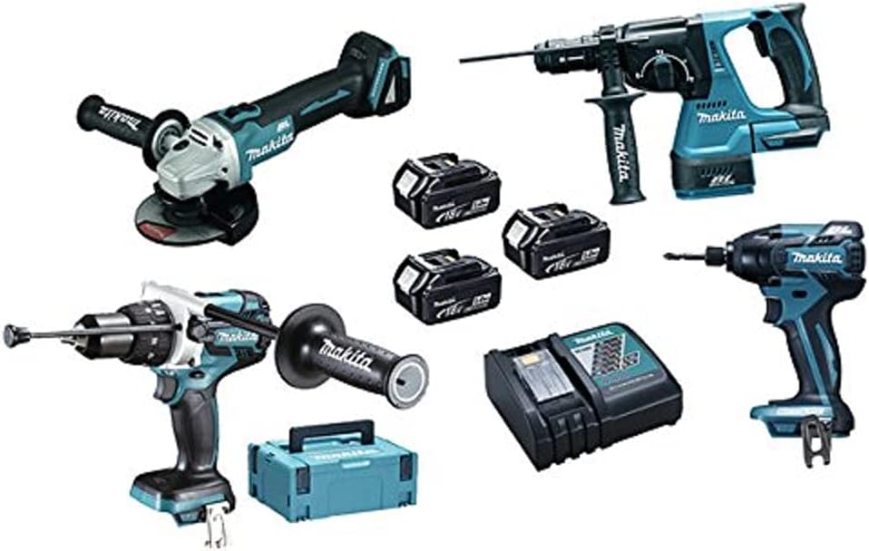 Makita DGA504 DHP481 Combopack 4 outils 18V, 3x5, 0 Ah, Noir/Bleu/Argent, DGA504 + DHP481 + DTD154 + DHR243, MAKITA DLX4050TJ, en MAKPAC