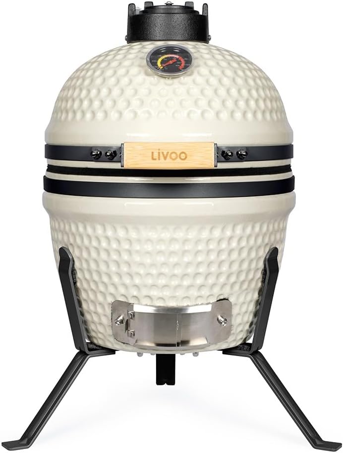 Livoo DOC330, Barbecue fumoir Kamado DOC330, ø27 cm de Cuisson, Blanc/Noir, Déflecteur de Chaleur ø16 cm, Corps en Argile réfractaire