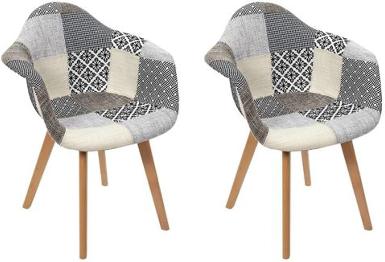 HD7318 Lot de 2 Fauteuils Patchwork Multicolore Scandinave, 59 x 63, 8 x 85 cm, Bois et Tissu, Sièges pour Salon ou Salle à Manger, Gris/Noir/Beige