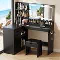 Coiffeuse avec Grand Miroir LED et Tabouret, 5 Tiroirs, Table de Maquillage en L avec Multiprise y Support de Sèche-Cheveux – TRIUMPHKEY, Noir