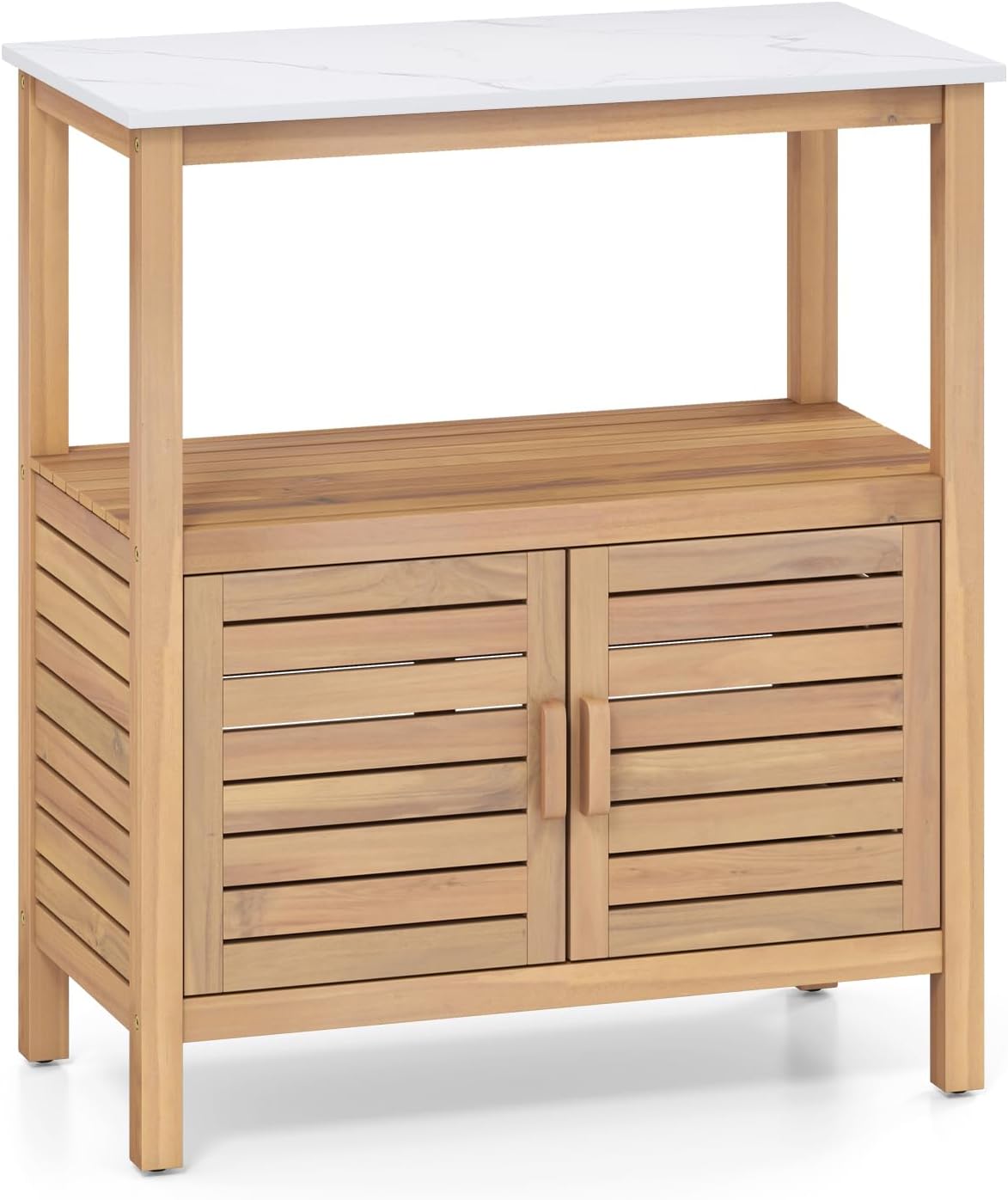 Table de Rempotage en Bois d'Acacia, 80 x 40 x 90, 5 CM, Armoire Extérieure de Rangement avec Plateau en Résine, Convient pour Jardin, Naturel/Blanc