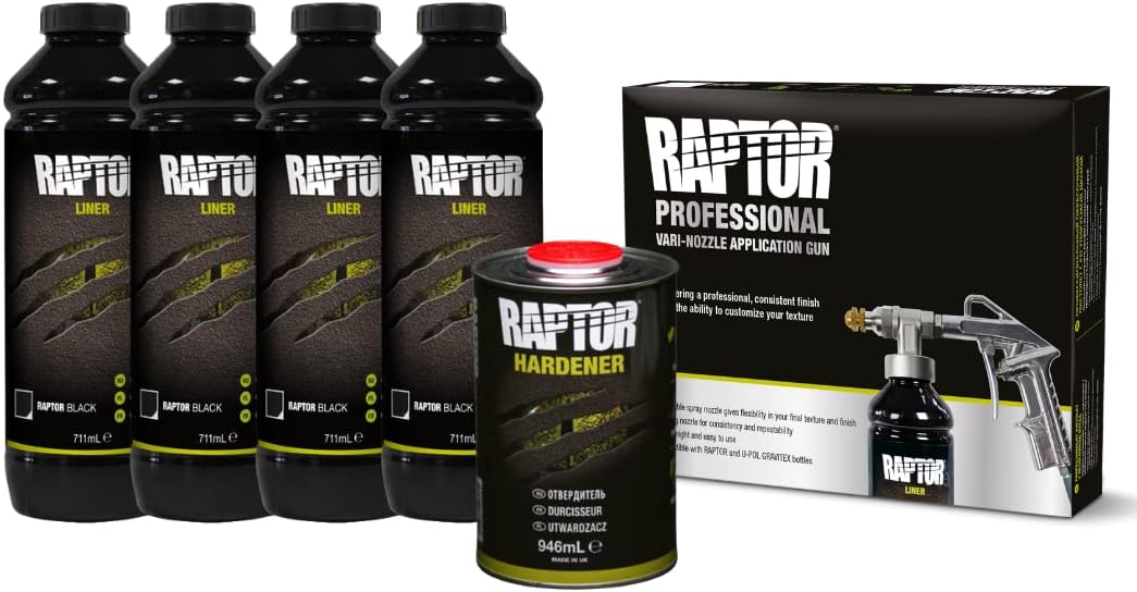 U-POL, avec le pistolet professionnel RAPTOR à buse réglable, 4 bouteilles de 3, 79 litres, noir, RAPTOR kit de revêtement de protection
