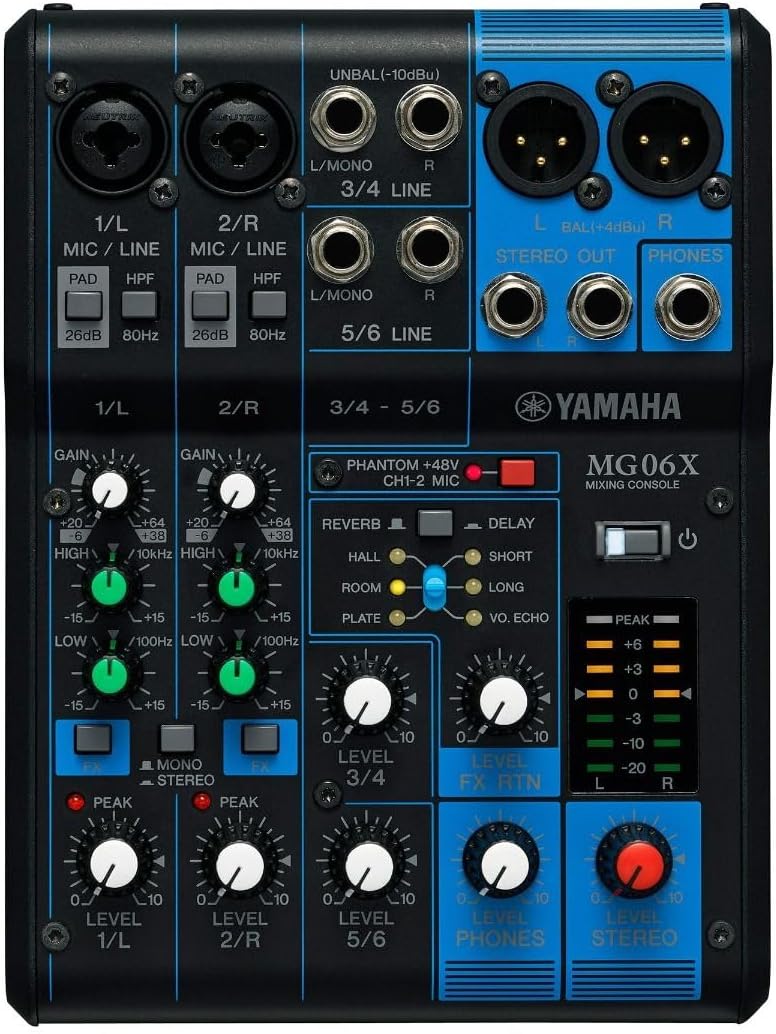 Console de mixage compacte avec 6 canaux d'entrée, MG06X, Noir/Bleu – YAMAHA, effets et préamplis micro D-PRE