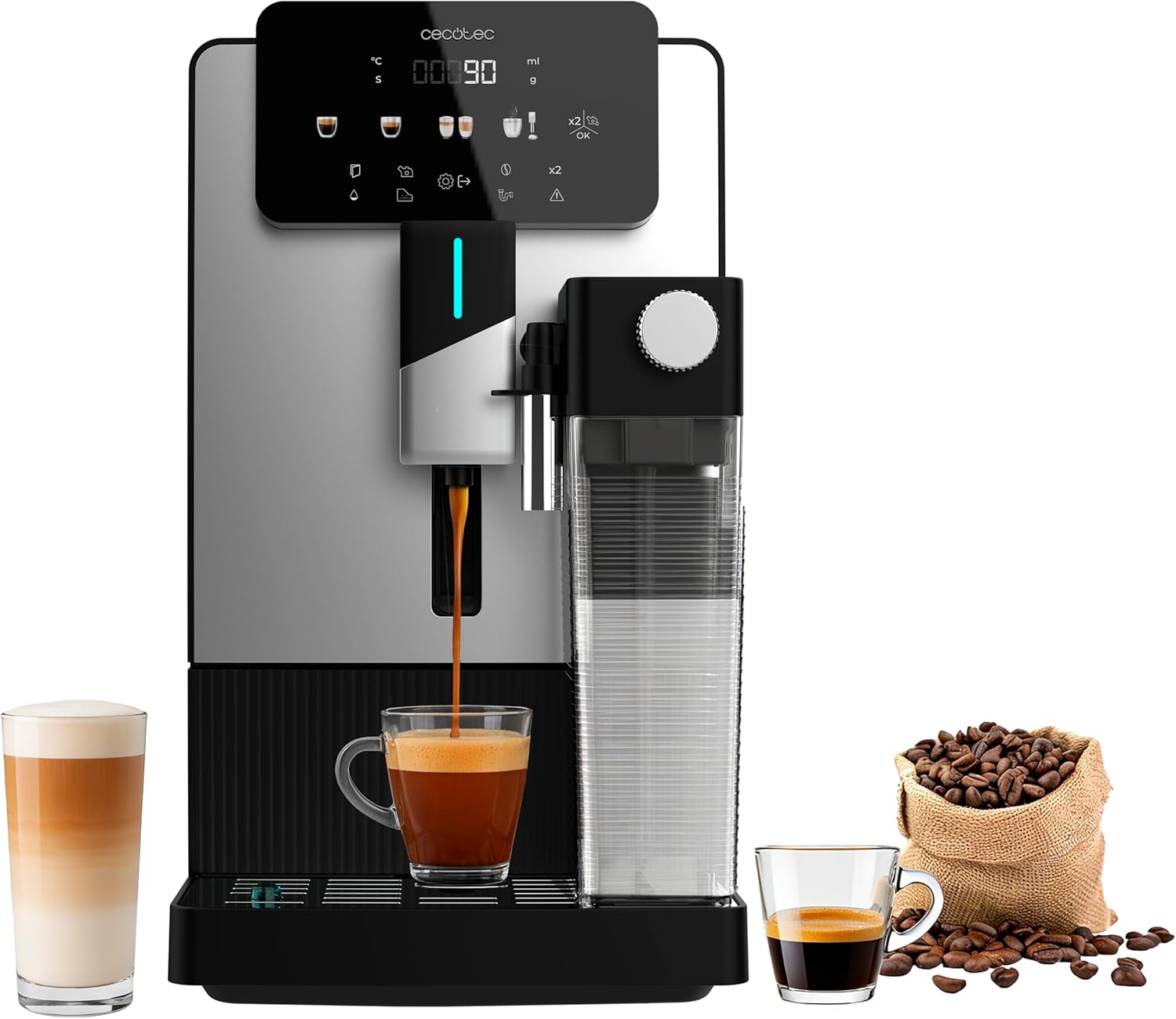 Cecotec Machine à Café Express Superautomatique Cremmaet Latte Art Elite. 1500W, 19 Bars, Noir/Argent, 6 Boissons, Réservoir Café 150g
