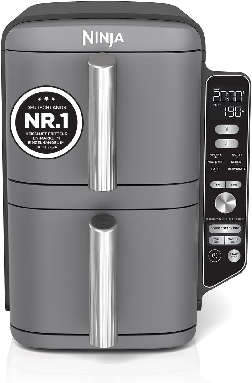 NINJA SL400EU, Double Stack XL Friteuse sans huile, 4 niveaux cuisson, gris SL400EU, friteuse verticale à 2 tiroirs, 2 tiroirs et 2 grilles