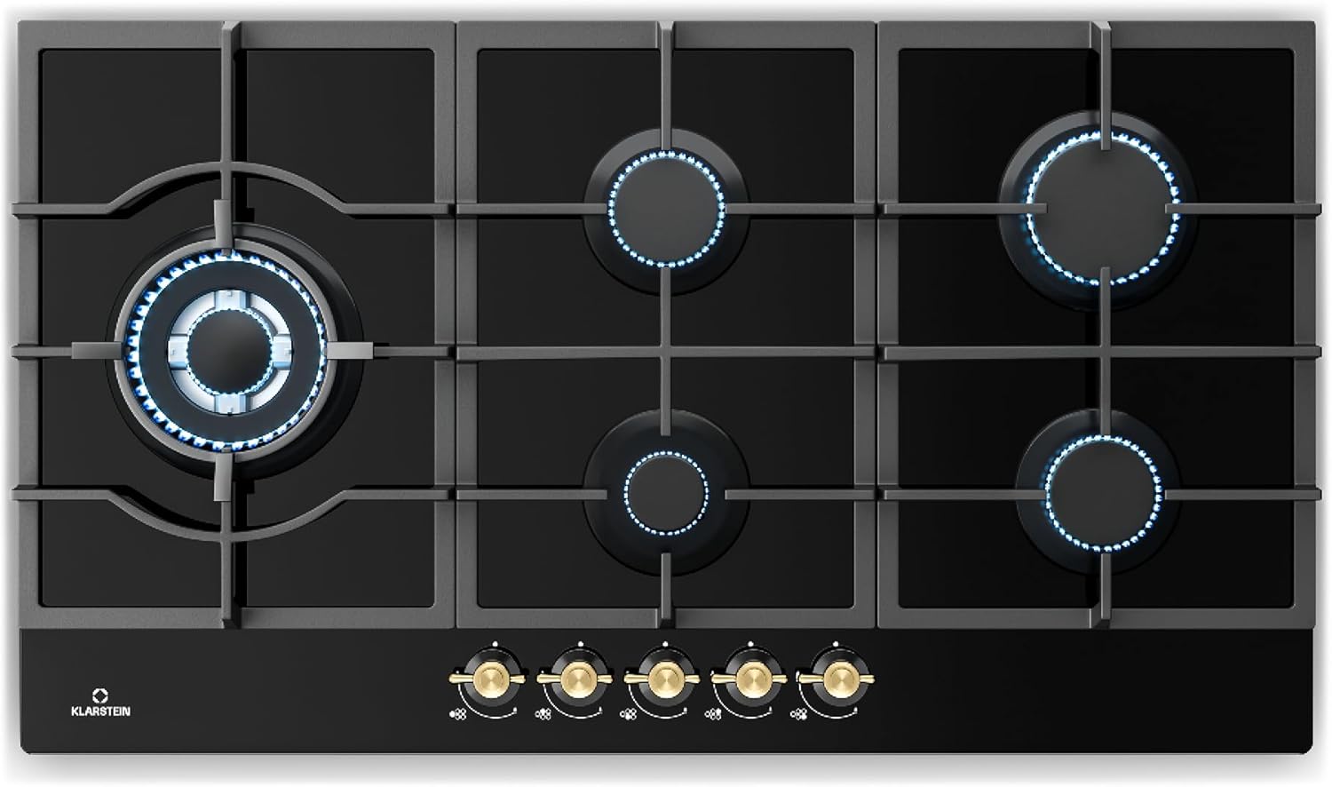 KLARSTEIN Table de Cuisson à Gaz avec 5 Brûleurs, Plaque de Cuisson Encastrable 11100W, Surface en Acier Inoxydable, Noir