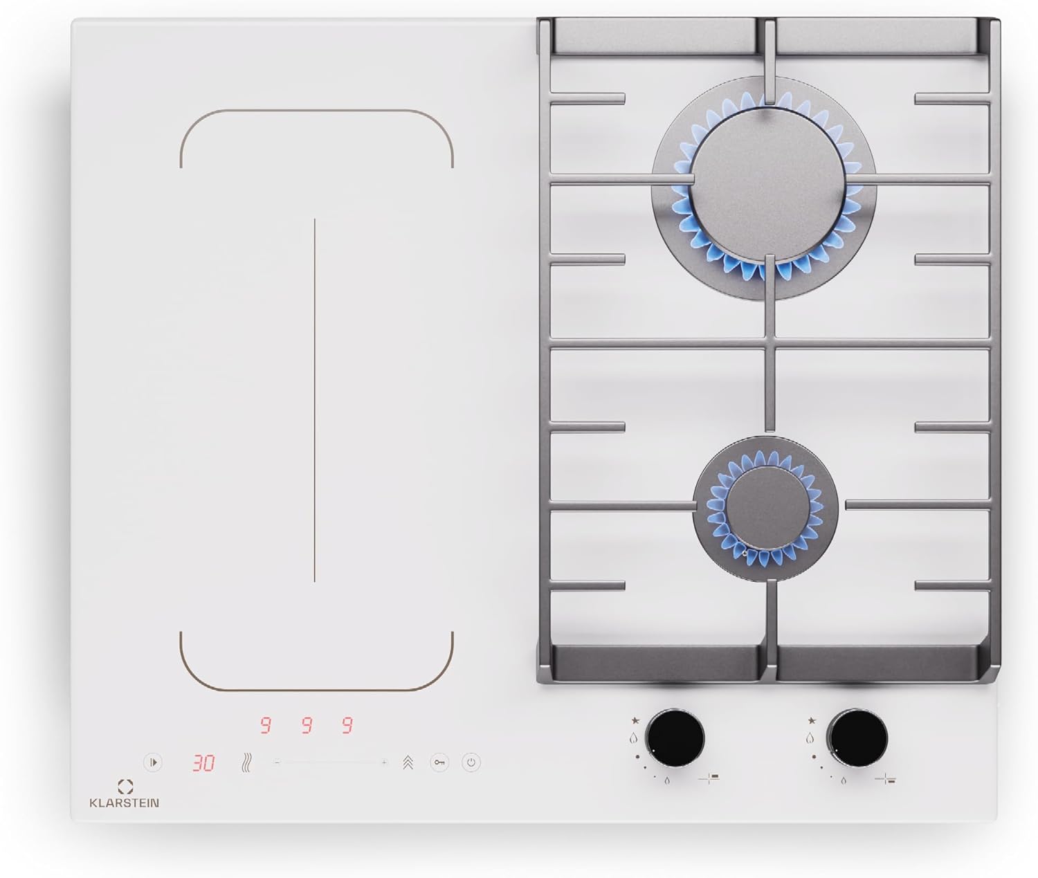 KLARSTEIN MultiChef 4 Plaque Induction Et Gaz, 4 Zones, Blanc/Noir, 2 Gaz & 2 Induction, 7Kw, Blanc, Flexzone, Stop&Go, Minuterie
