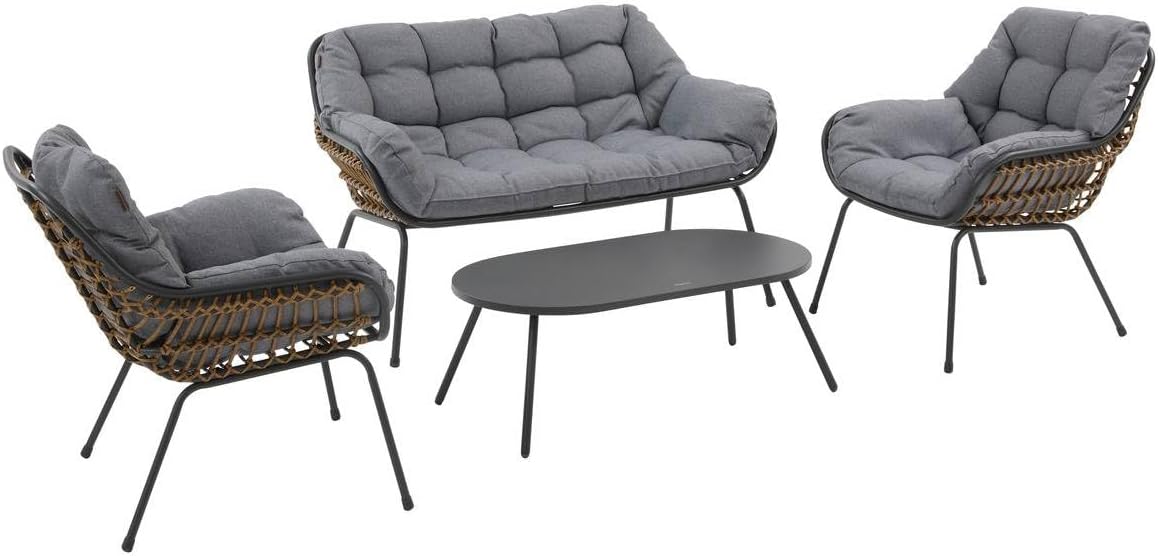 Salon de jardin 4 places Paopao graphite avec 2 fauteuils, canapé, table basse et coussins – Hespéride