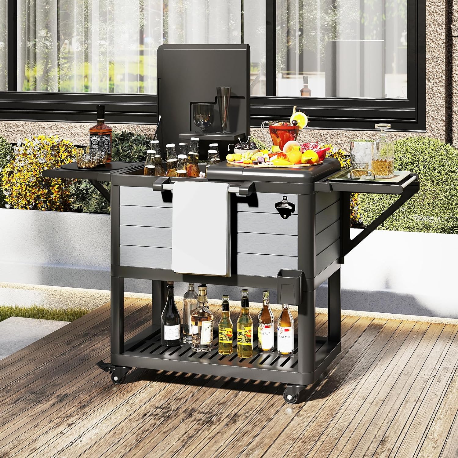 GOPLUS, Desserte Glacière Bar Roulante, Chariot Jardin Exterieur roulettes avec 2 Plan Étendu Grande Capacité 91 L, Gris/Noir, 83 x 50 x 85 CM