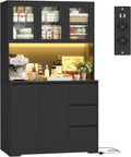 Buffet de cuisine, Buffet Cuisine Meuble Cuisine Rangement avec LED Multiprises Vaisselier avec Étagère, Noir – FirFurd