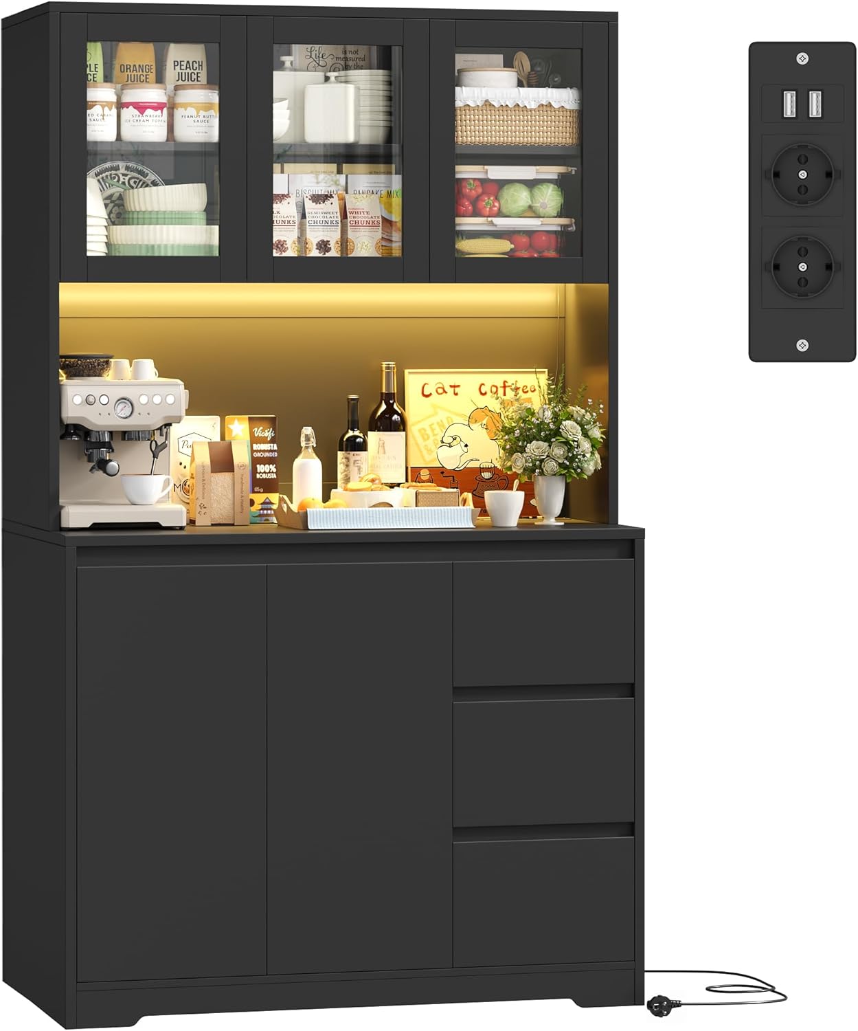 Buffet de cuisine, Buffet Cuisine Meuble Cuisine Rangement avec LED Multiprises Vaisselier avec Étagère, Noir – FirFurd
