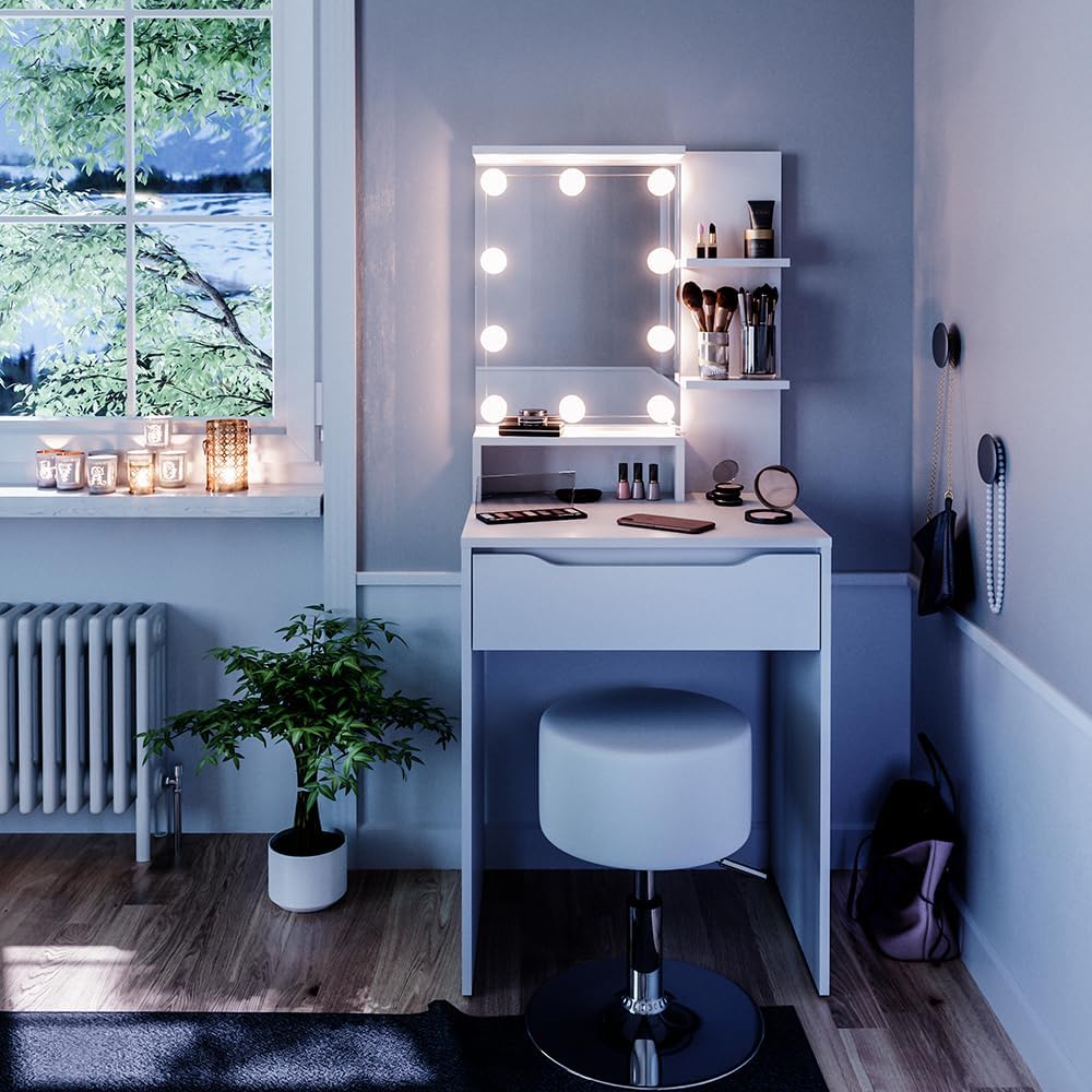 Coiffeuse Ruben, 60cm avec éclairage LED et Tabouret, idéal pour Les Petites pièces – Vicco, Blanc, Compact et Peu encombrant