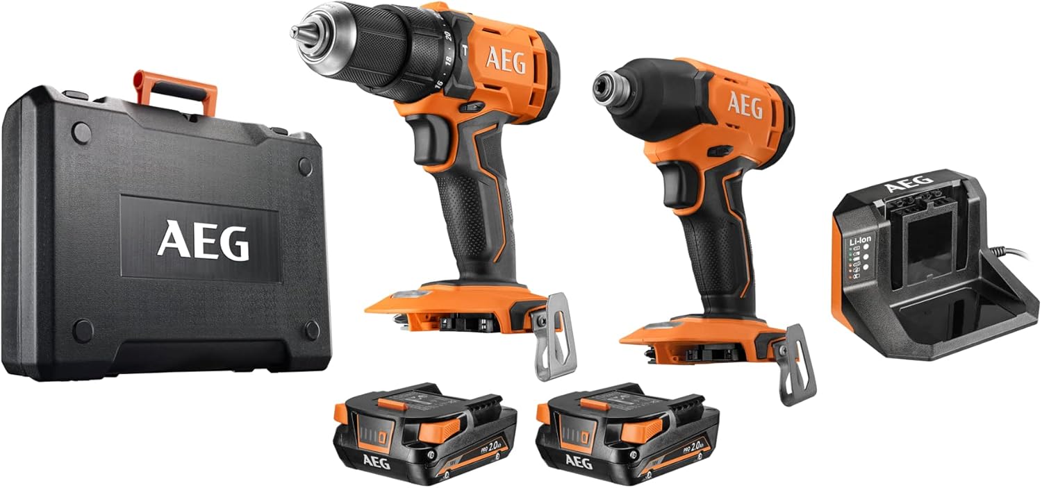 AEG visseuse à chocs, 2 batteries 2, 0 Ah, Noir/Orange, coffret 17 pièces, Perceuse percussion compacte, chargeur, coffret