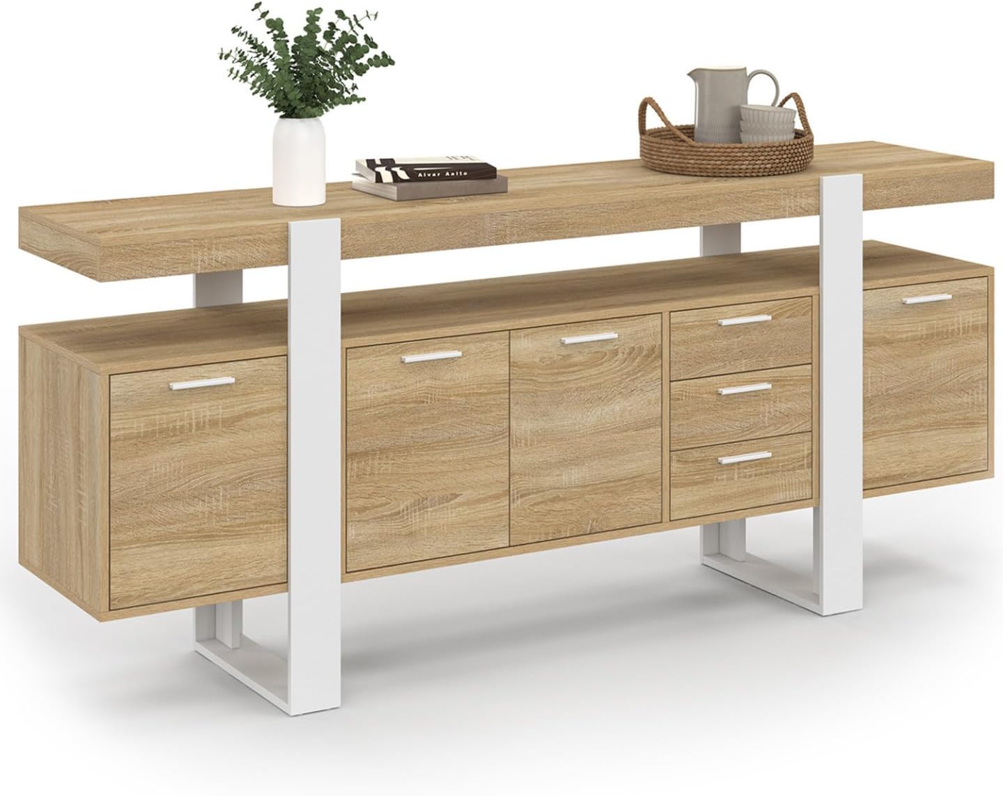 Buffet 180 cm Phoenix XXL 4 Portes avec 3 tiroirs Bois et Blanc, Bois/Blanc – IDMarket
