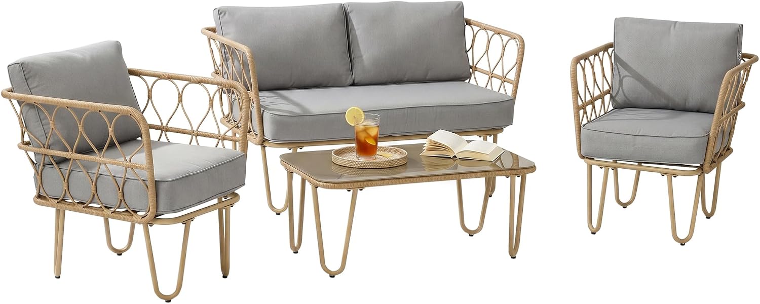 Salon de jardin, Acier et résine tressée – Outsunny, Gris Clair/Beige, Gris Clair