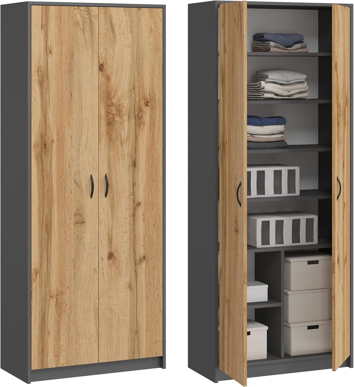 Armoire Wotan multi-usages 2 portes 8 compartiments, 180 x 74 x 35 cm, Bureau – KUBUTKU, Bibliothèque, Ménage, graphite/chêne