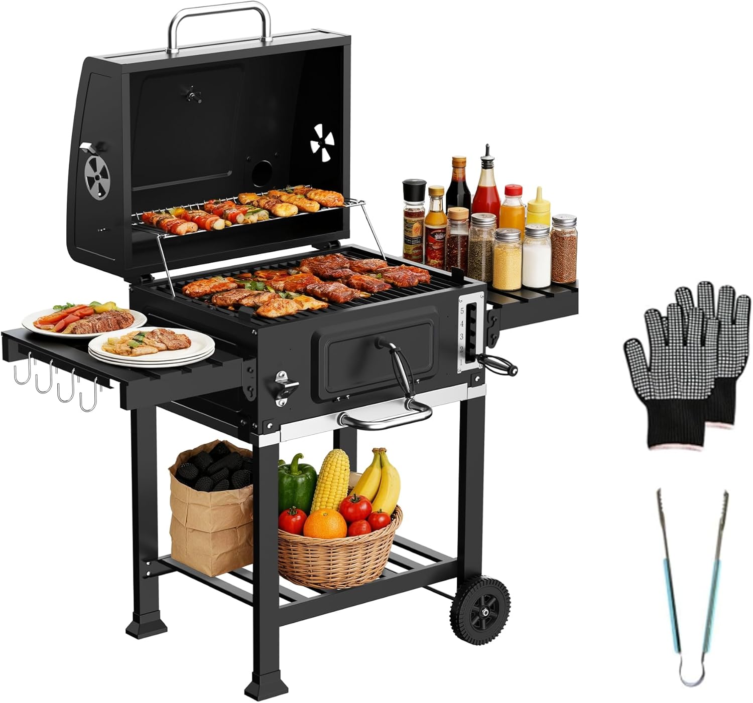 Barbecue à charbon, 6 vitesses Grand Modèle pour Grillades Extérieures – TEENO, Noir, Gants Anti-Chaleur, Cheminée
