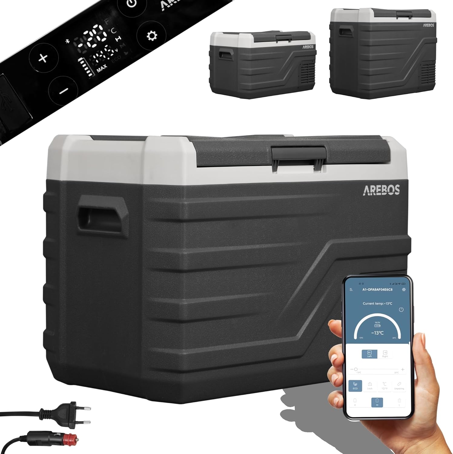 Glacière à compresseur 35 L, pour Voiture, Réfrigérateur & congélateur Portable Jusqu'à -20 °C, USB – AREBOS, Gris/Noir, 12/24V & 230V, Camion