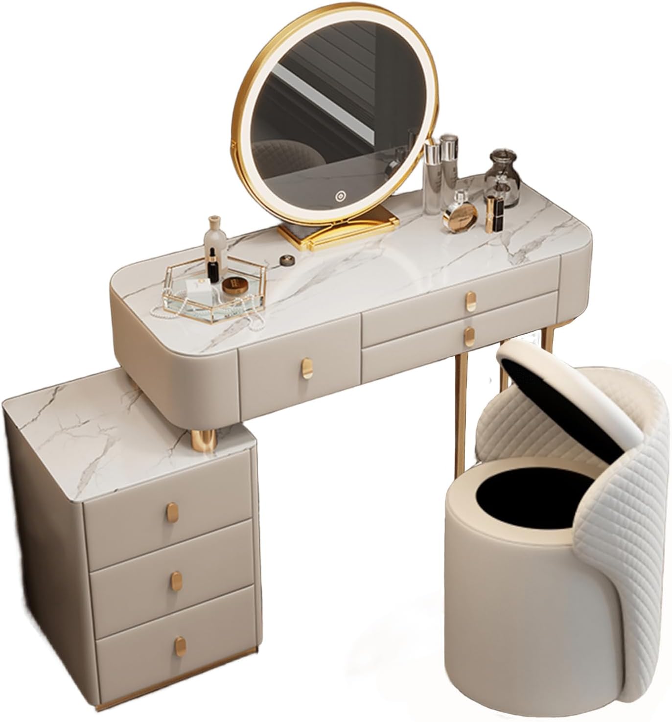 Coiffeuse Luxe Miroir LED HD 3 Teintes, Coiffeuse Élégante avec Tabouret de Rangement pour Femmes et Filles, Beige/Blanc/Or – Meedlopia