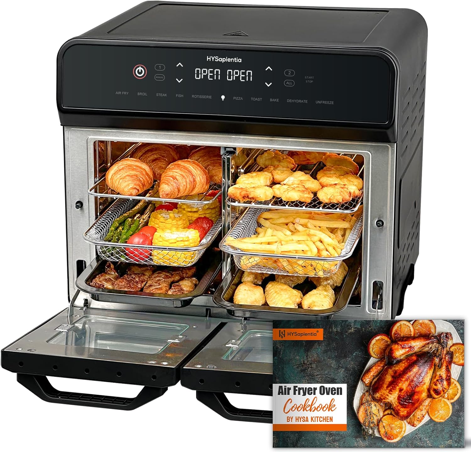 Friteuse sans huile, 2400 W, 2 paniers en acier inoxydable – HYSapientia, Noir/Argent, Four de 22 litres, 10 fonctions