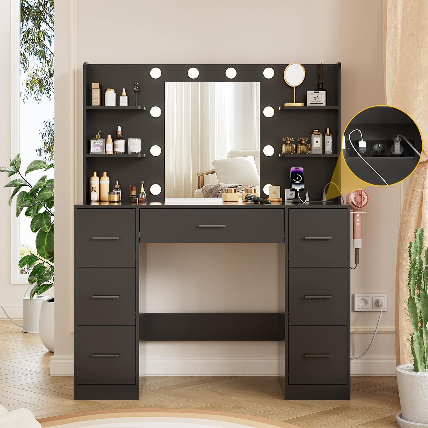 Coiffeuse avec miroir LED 3 couleurs, 7 tiroirs, 4 étagères et station de charge USB, 110 cm, noire – Airfish
