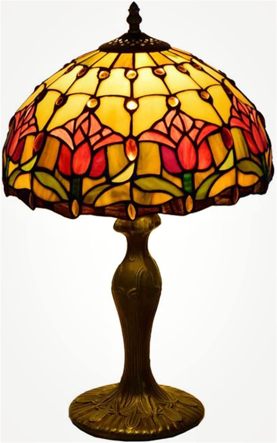 Lampe de table, E27 rouge Rose tiffany lampe de table 12 pouces pastorale méditerranéen chambre salon lampe, Jaune/Rouge/Vert/Marron – Lywins