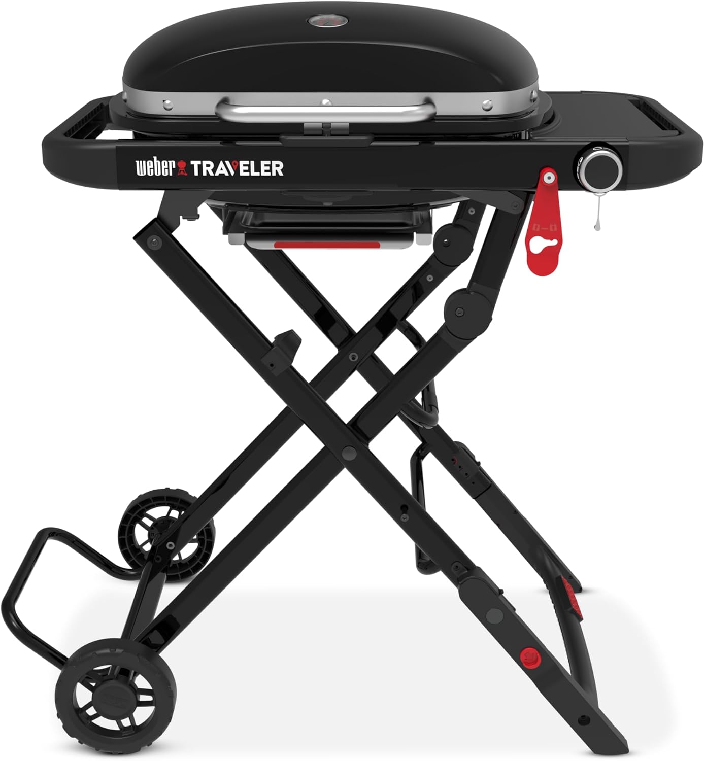 Traveler Compact barbecue à gaz/design pliable et portable avec roues, surface de cuisson 52 x 36 cm – Weber, 1 brûleur, noir