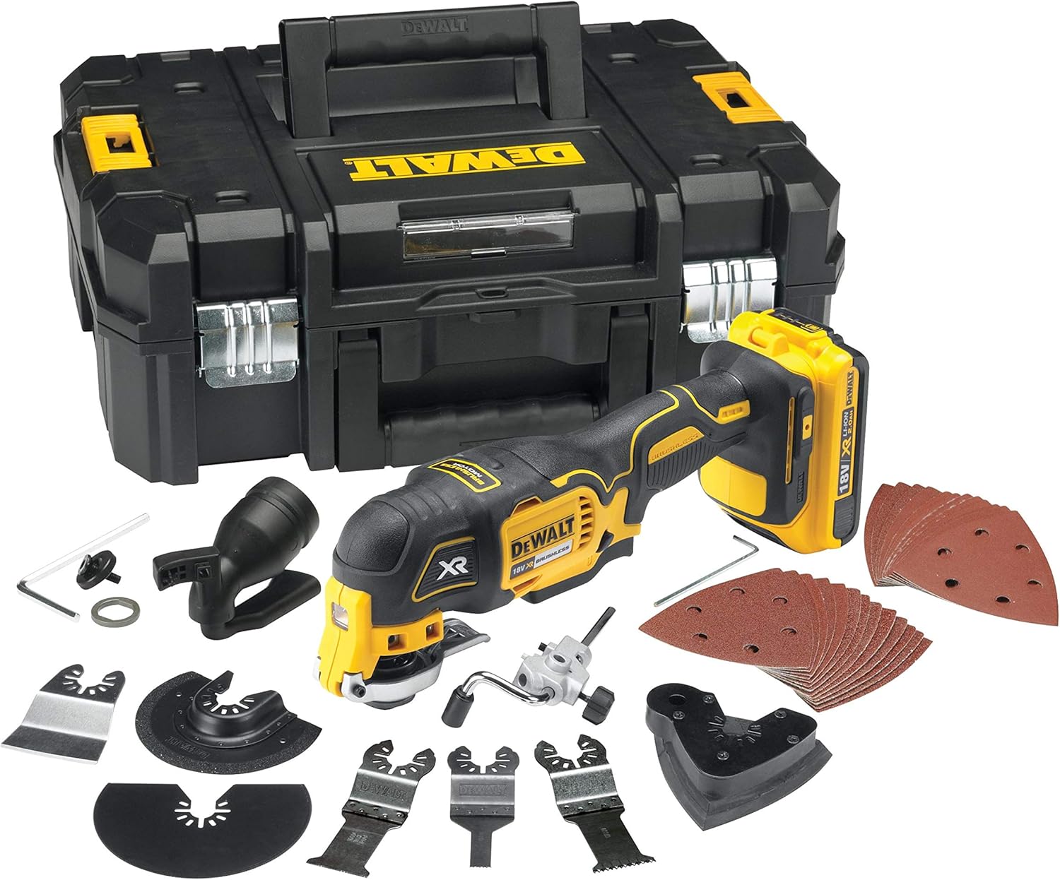 DEWALT DCS355D2-QW Outil Idéal pour Découpe et Ponçage, Multi-Cutter sans Fil en Coffret avec 2 Batteries, Noir/Jaune, XR 18V, DCS355D2-QW