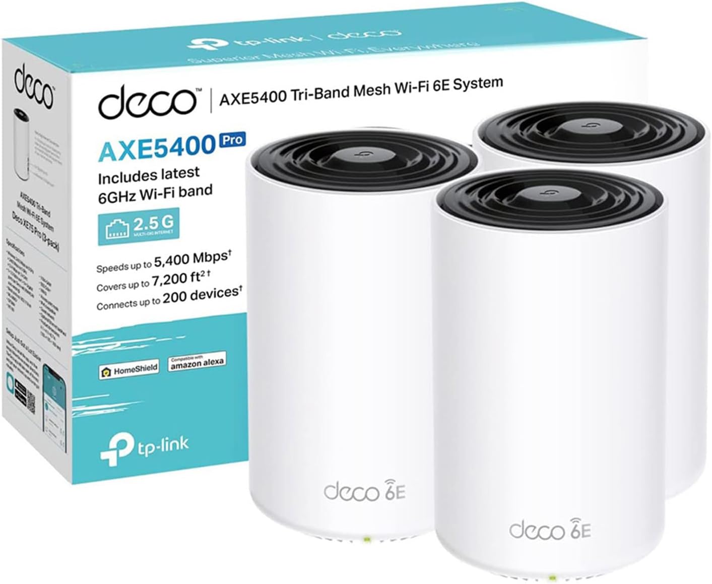 Système Mesh WiFi, 3-pack, idéal pour grandes maisons – TP-Link, Blanc/Noir, Couverture de 670m2, WPA3, 1 port 2.5G, 2 ports Gigabit