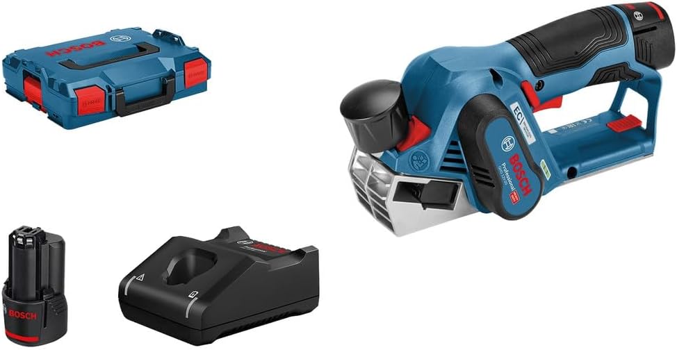 12V System rabot sans-fil GHO 12V-20 (largeur de rabotage maxi: 56 mm, avec 2 batteries de 3, 0 Ah – Bosch Professional, Bleu/Noir/Rouge, L-BOXX)