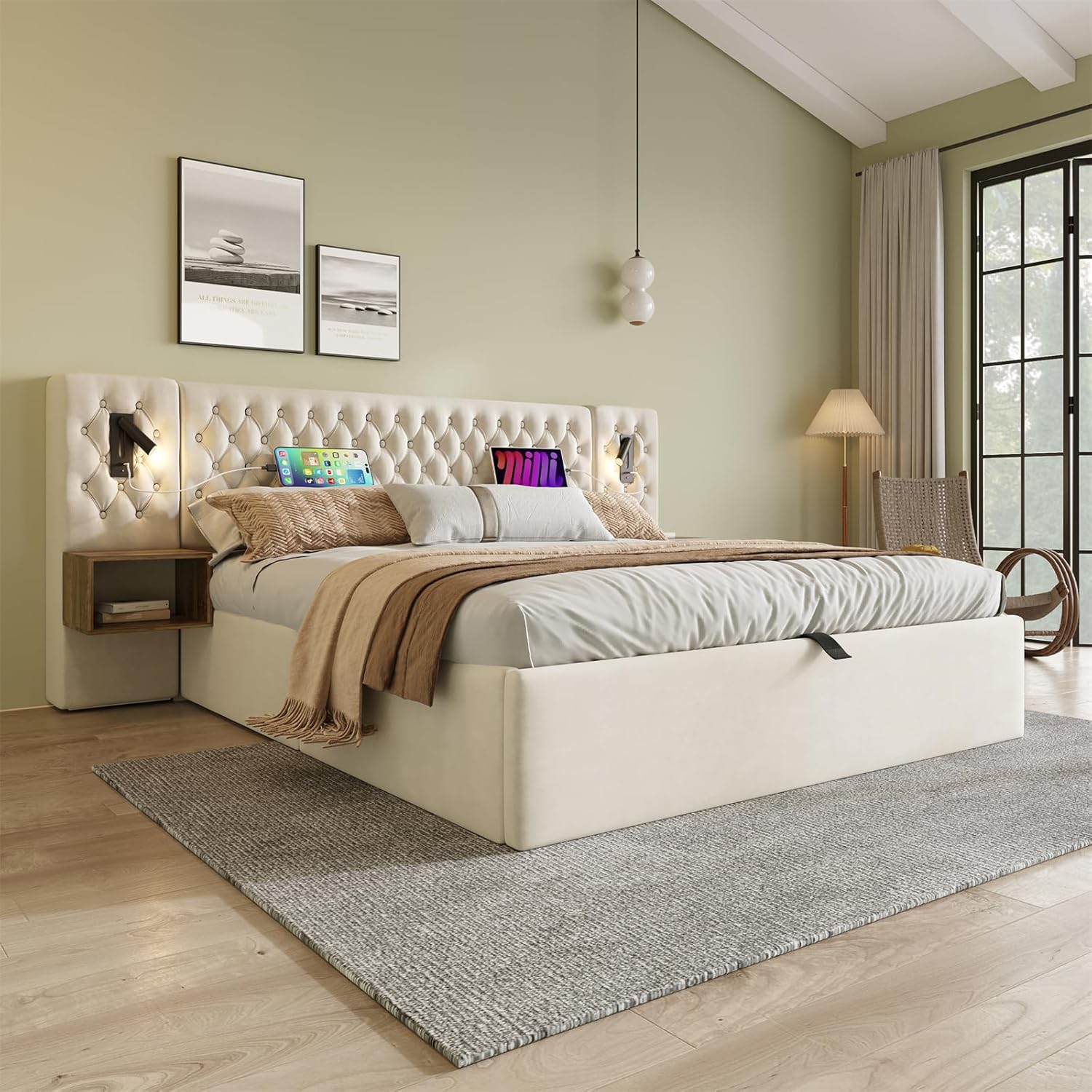 Lit double 160 × 200 cm avec rangement hydraulique, 2 chevets, lampes de lecture et ports USB, velours beige, sans matelas